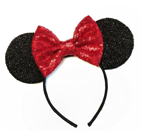 Minnie Mouse Ears Headband Black Sparkle Shimmer - Large Red Sequin Bow Handmade